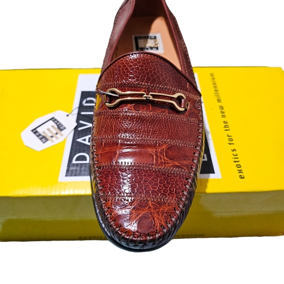 DAVID EDEN SHOES Alligator/Ostrich Cognac Loafers Mens Size 7 - Picture 9 of 11